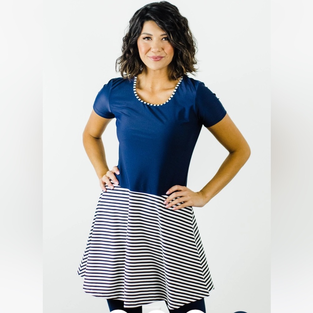 Navy and White Swim Dress, Mid-Thigh Shorts & Swim Bra